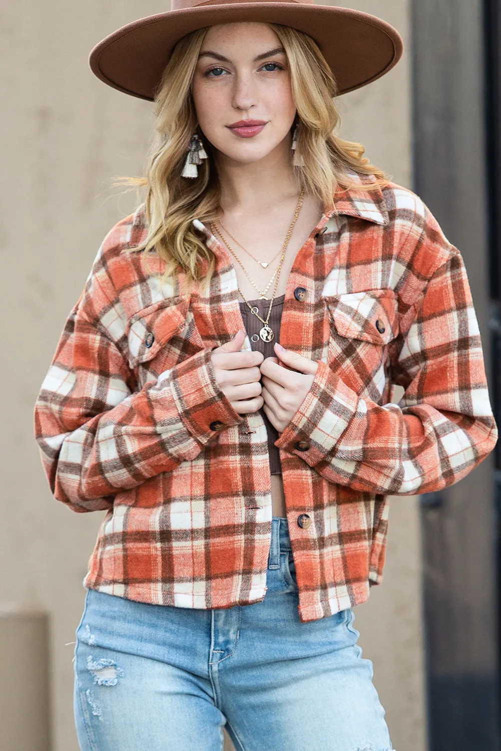 Orange Plaid Button-Up Flap Pocket Cropped Jacket