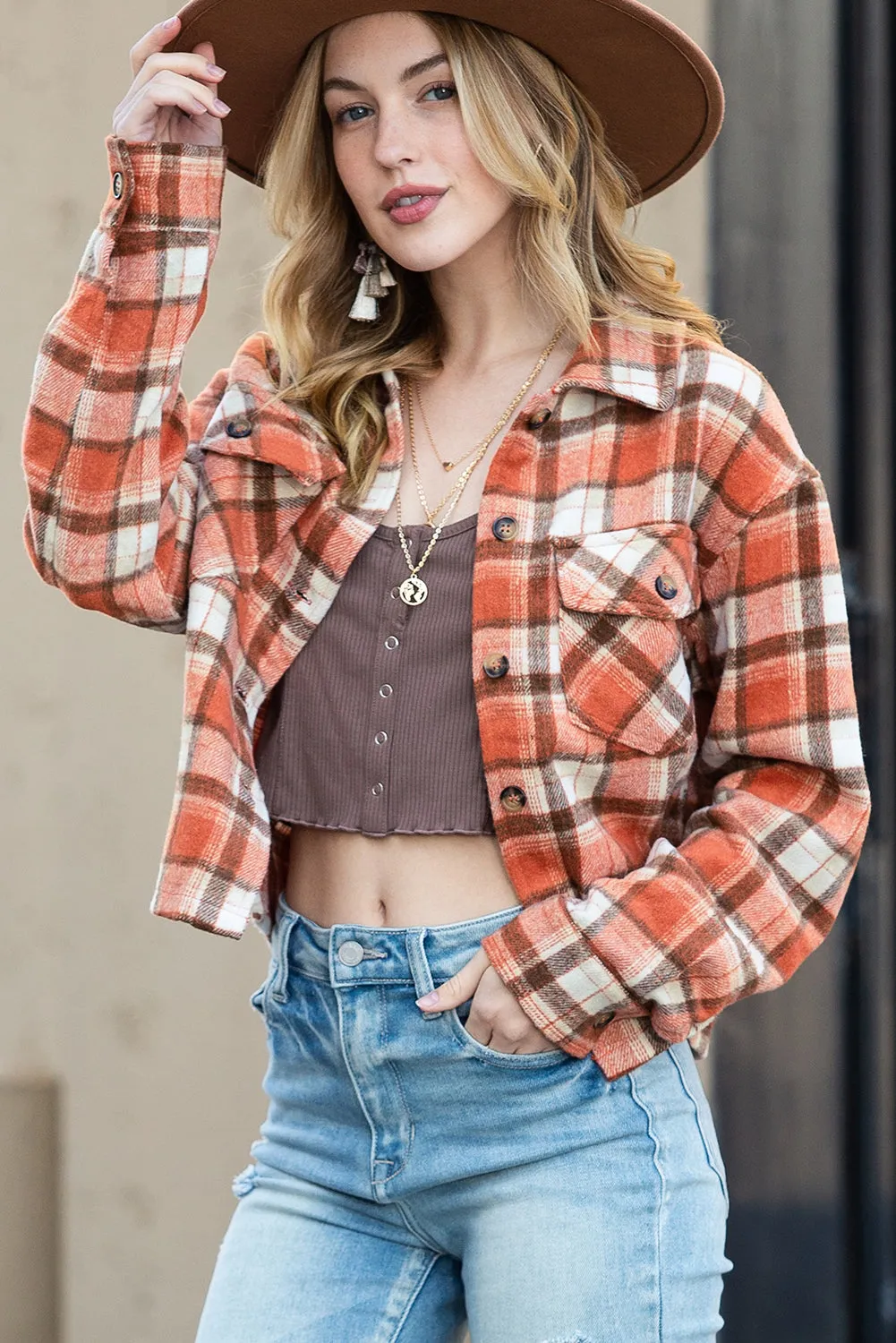 Orange Plaid Button-Up Flap Pocket Cropped Jacket