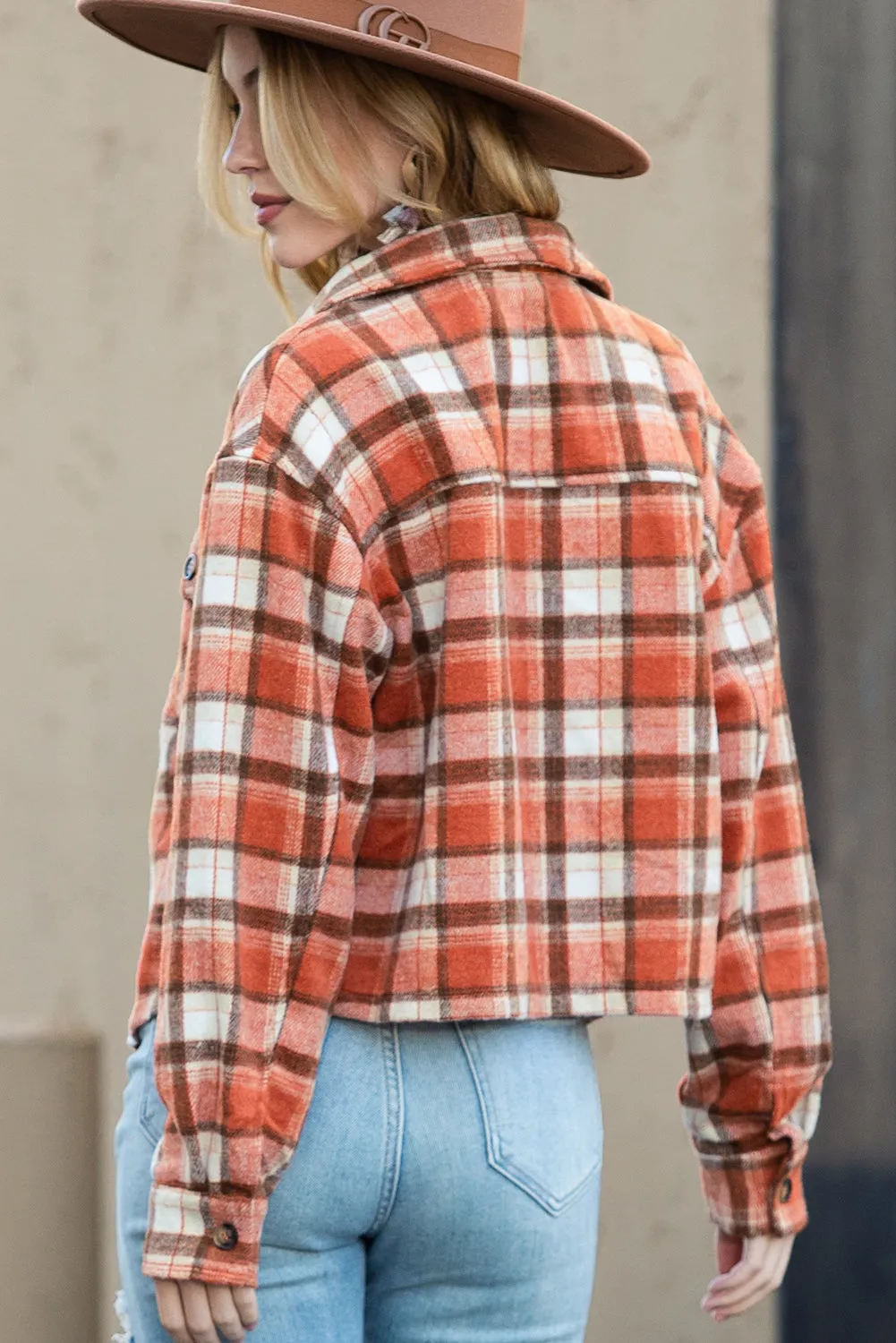 Orange Plaid Button-Up Flap Pocket Cropped Jacket