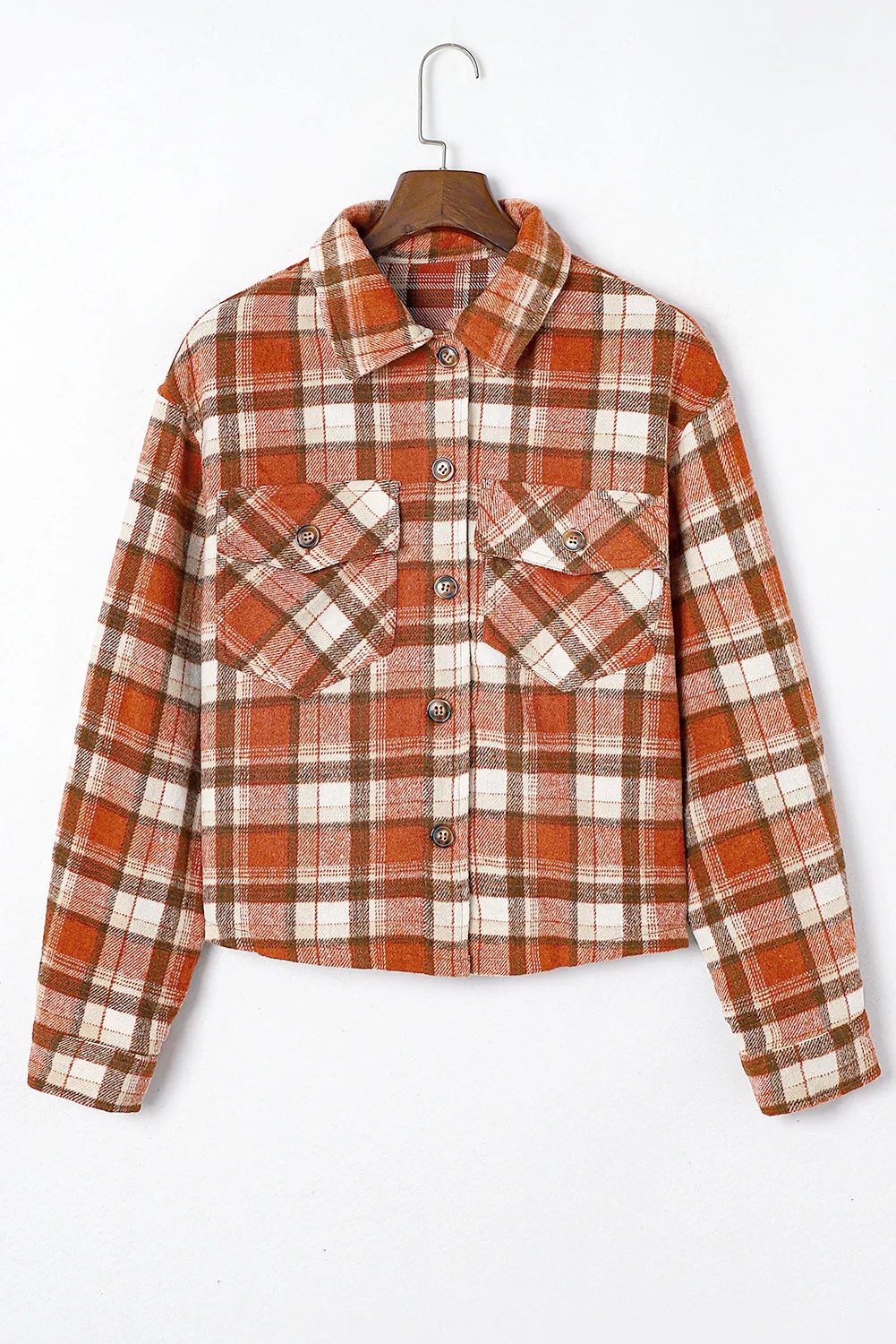 Orange Plaid Button-Up Flap Pocket Cropped Jacket