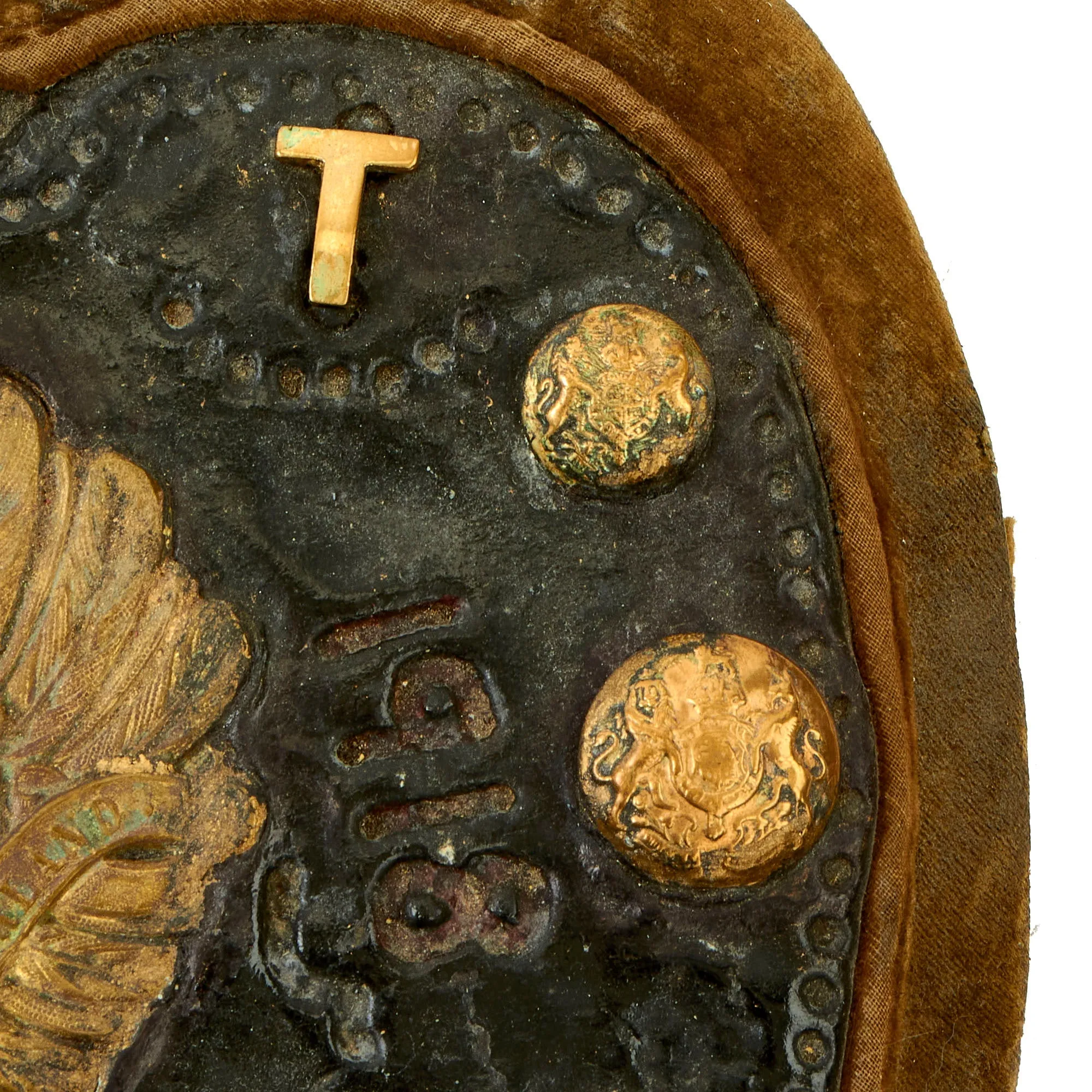 Original British WWI Era Heart Shaped Trench Art For The Durham Light Infantry With Buttons, Insignia and Imperial German Prussian Wappen Pickelhaube Plate