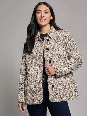 Petite Five-Button Print Quilted Jacket