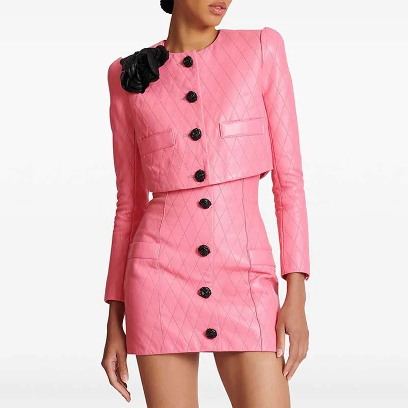 Pink Leather Embellished Cropped Jacket Long Sleeve Flower Detail Two Piece Mini Skirt Suit