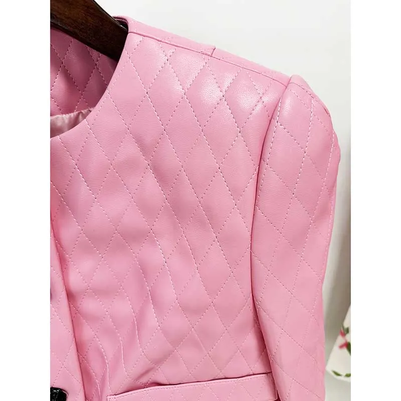 Pink Leather Embellished Cropped Jacket Long Sleeve Flower Detail Two Piece Mini Skirt Suit