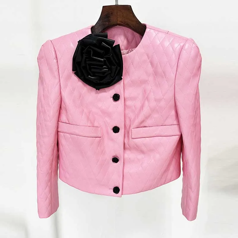 Pink Leather Embellished Cropped Jacket Long Sleeve Flower Detail Two Piece Mini Skirt Suit