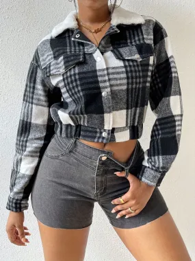 Plaid Snap Down Collared Neck Cropped Jacket