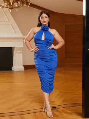 Plus Size Halter Appliqued Cutout Blue Cocktail Dress PRJ10982