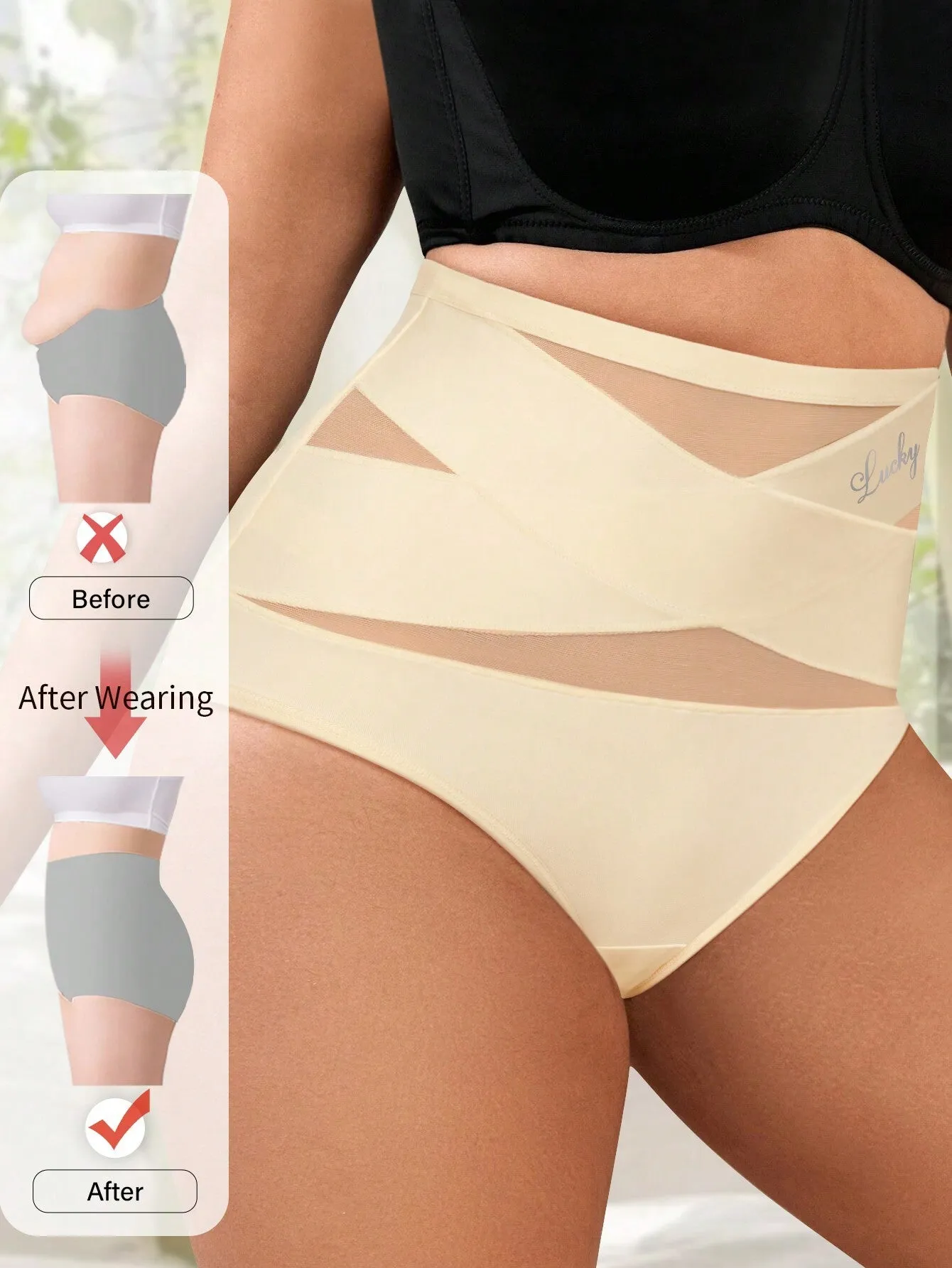 Plus Size High Waist Abdominal Control Women's Underwear, Breathable Mesh Fabric, Cross Abdominal Control, Ice Silk Seamless Triangle Panties, Body Shaping, Butt Lift