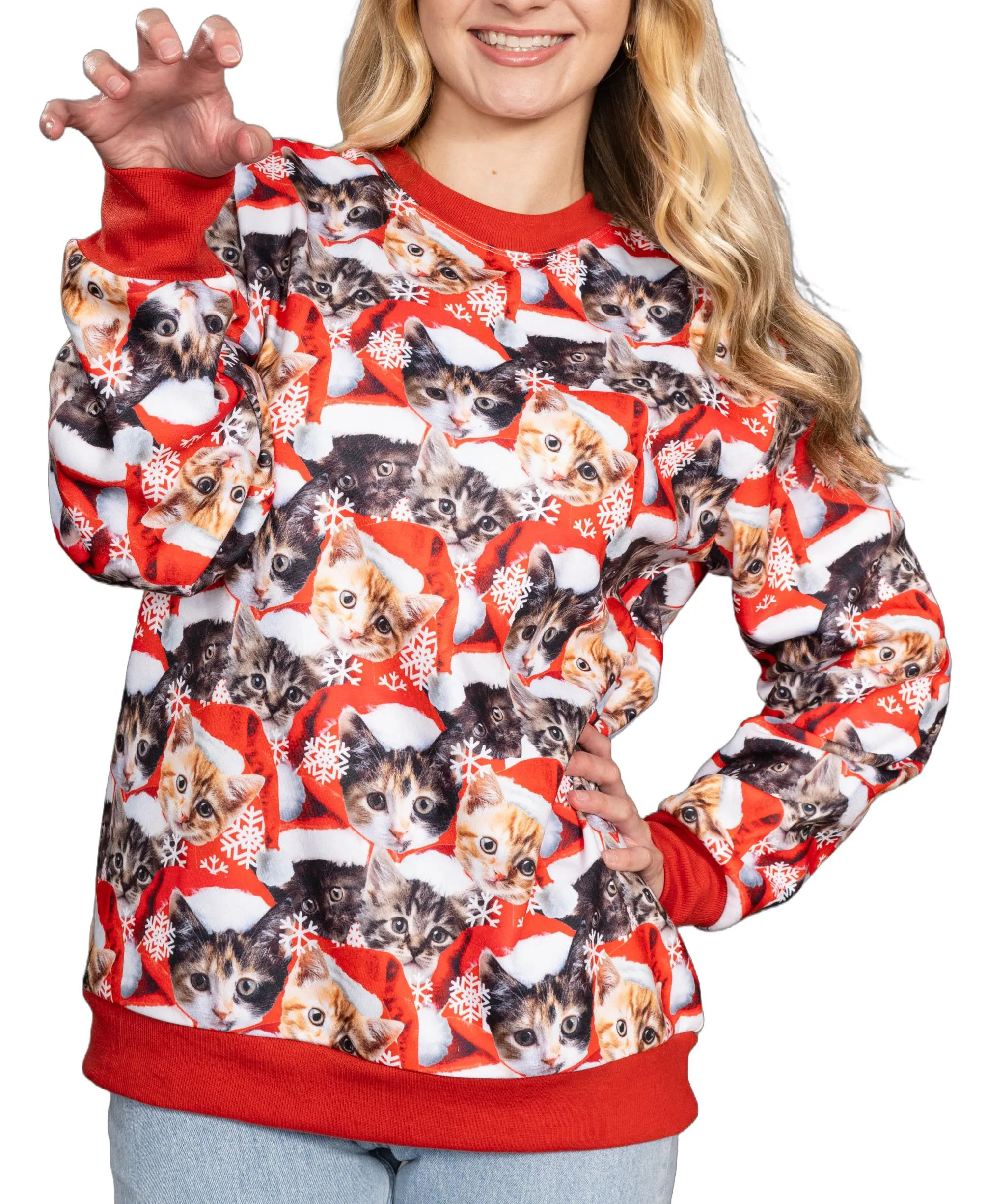 Poly Knit Long Sleeve Pullover with Cats All Over Graphic