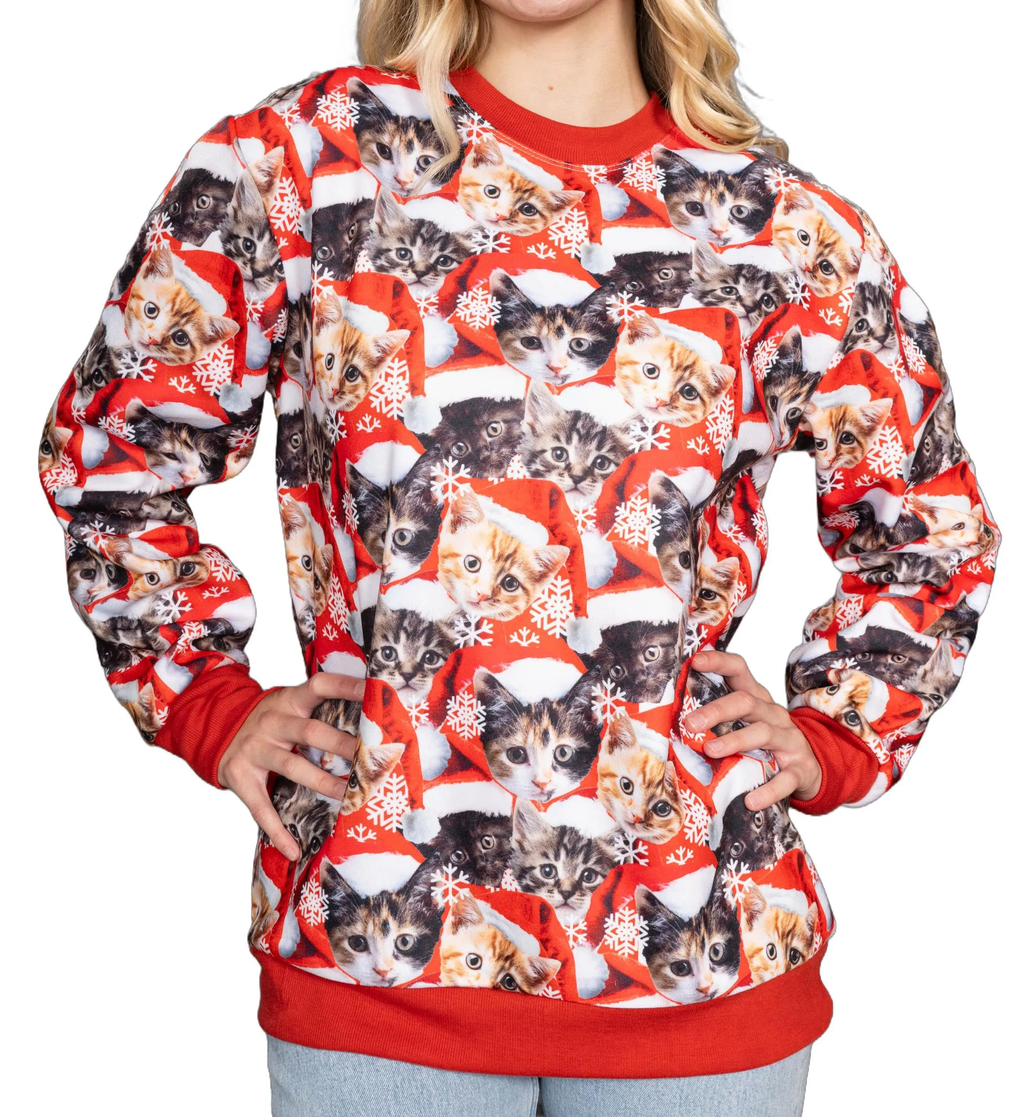 Poly Knit Long Sleeve Pullover with Cats All Over Graphic