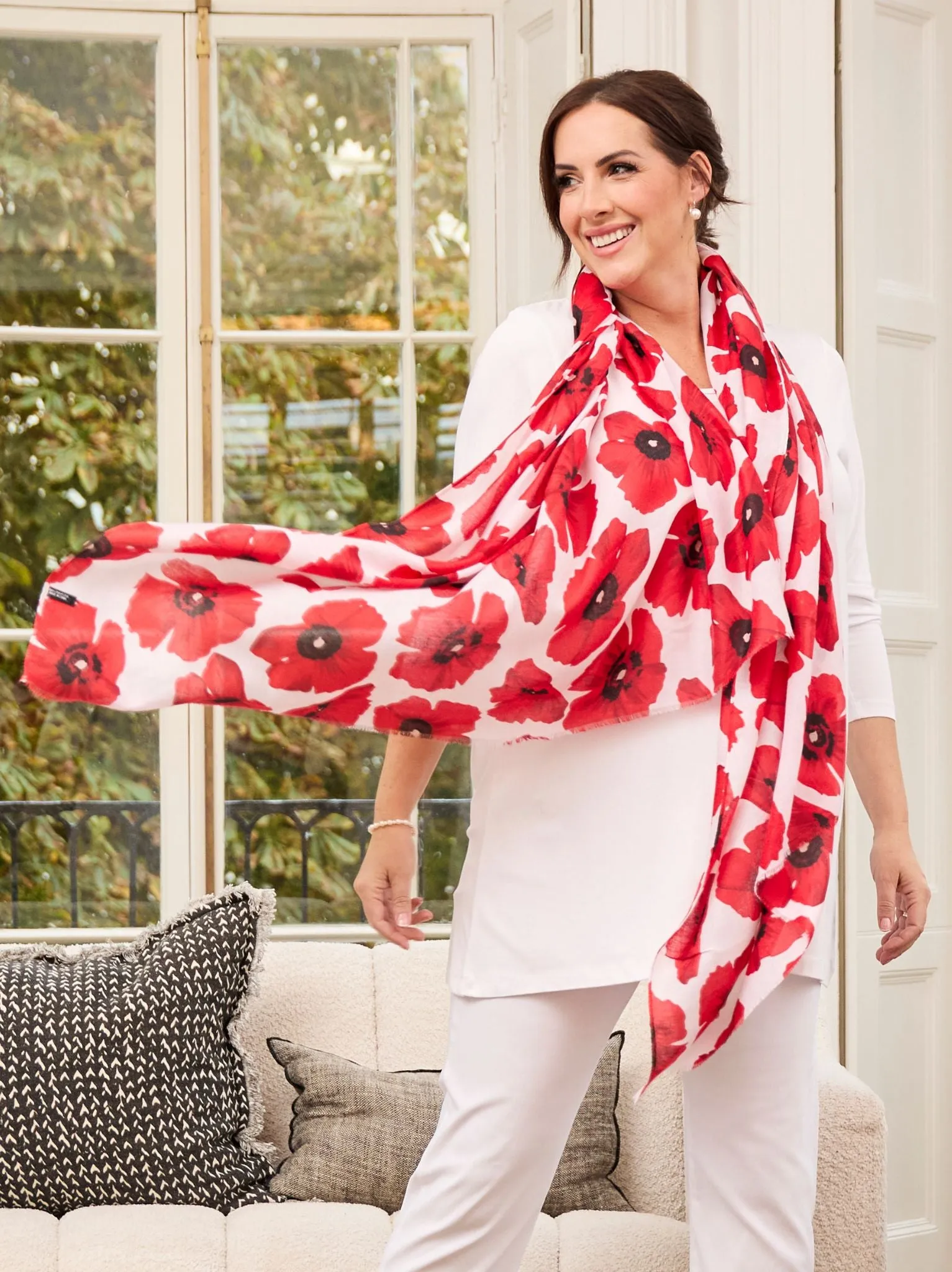 Poppy Print Scarf - White/Red