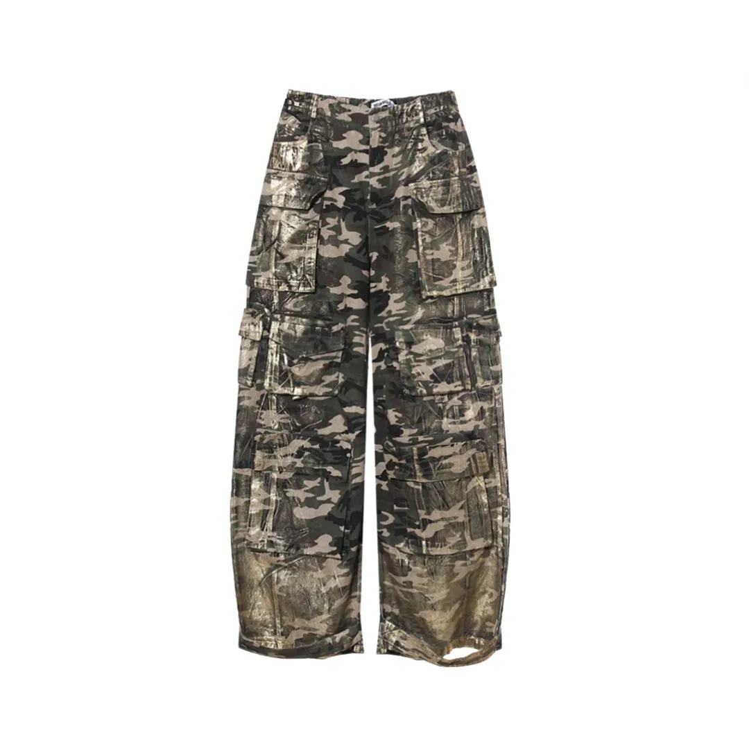 Pre Order:  Bronzing Camouflage Multi Pockets Cotton Straight Pants