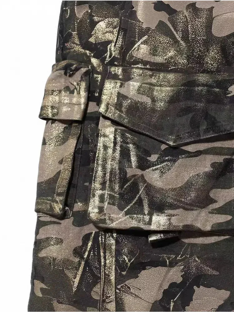 Pre Order:  Bronzing Camouflage Multi Pockets Cotton Straight Pants