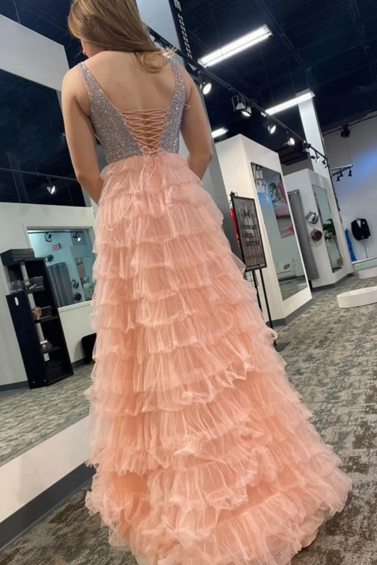 Princess V Neck Pink Long Prom Dress with High Slit, Pink Formal Graduation Evening Dress with Sequins A1942