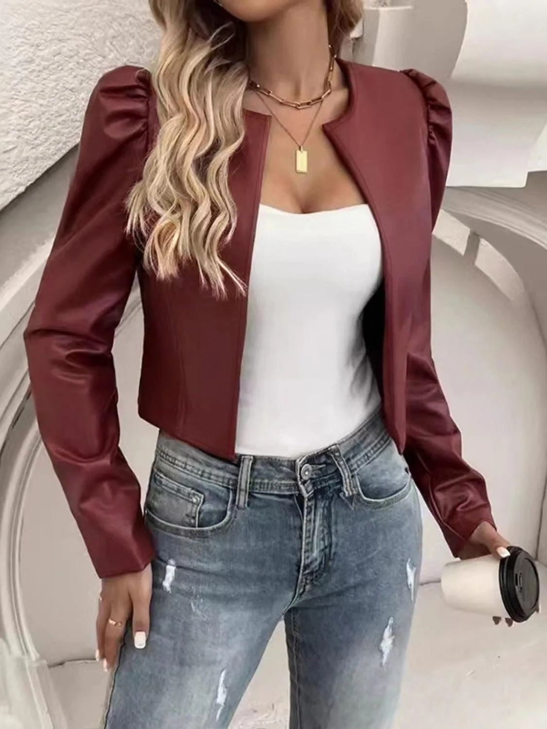 PU Leather Cropped Jacket Open Front Puff Long Sleeve Outwear