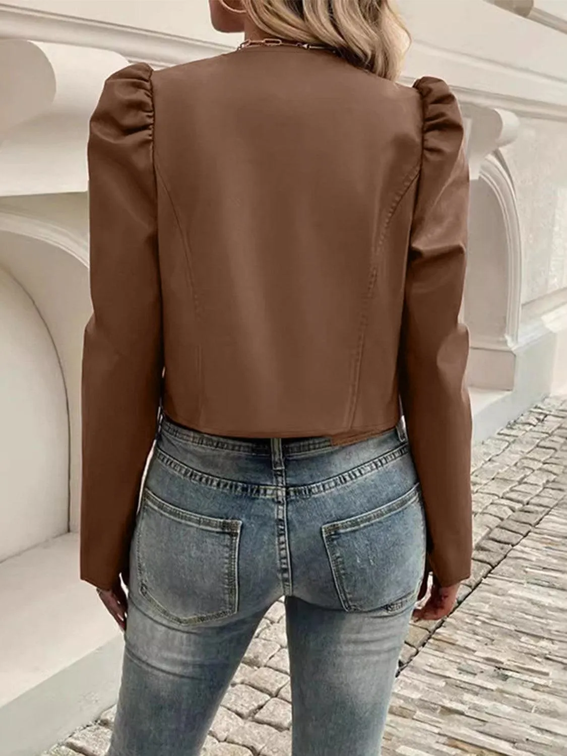 PU Leather Cropped Jacket Open Front Puff Long Sleeve Outwear