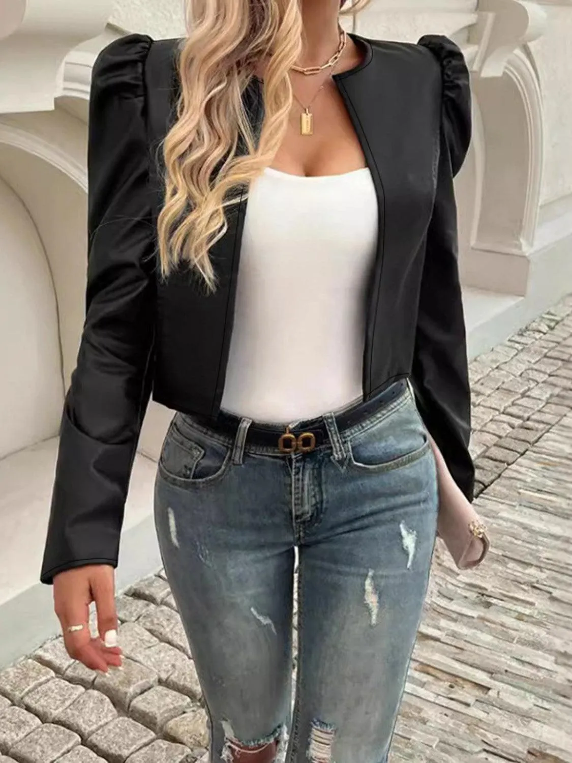 PU Leather Cropped Jacket Open Front Puff Long Sleeve Outwear