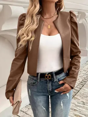 PU Leather Cropped Jacket Open Front Puff Long Sleeve Outwear