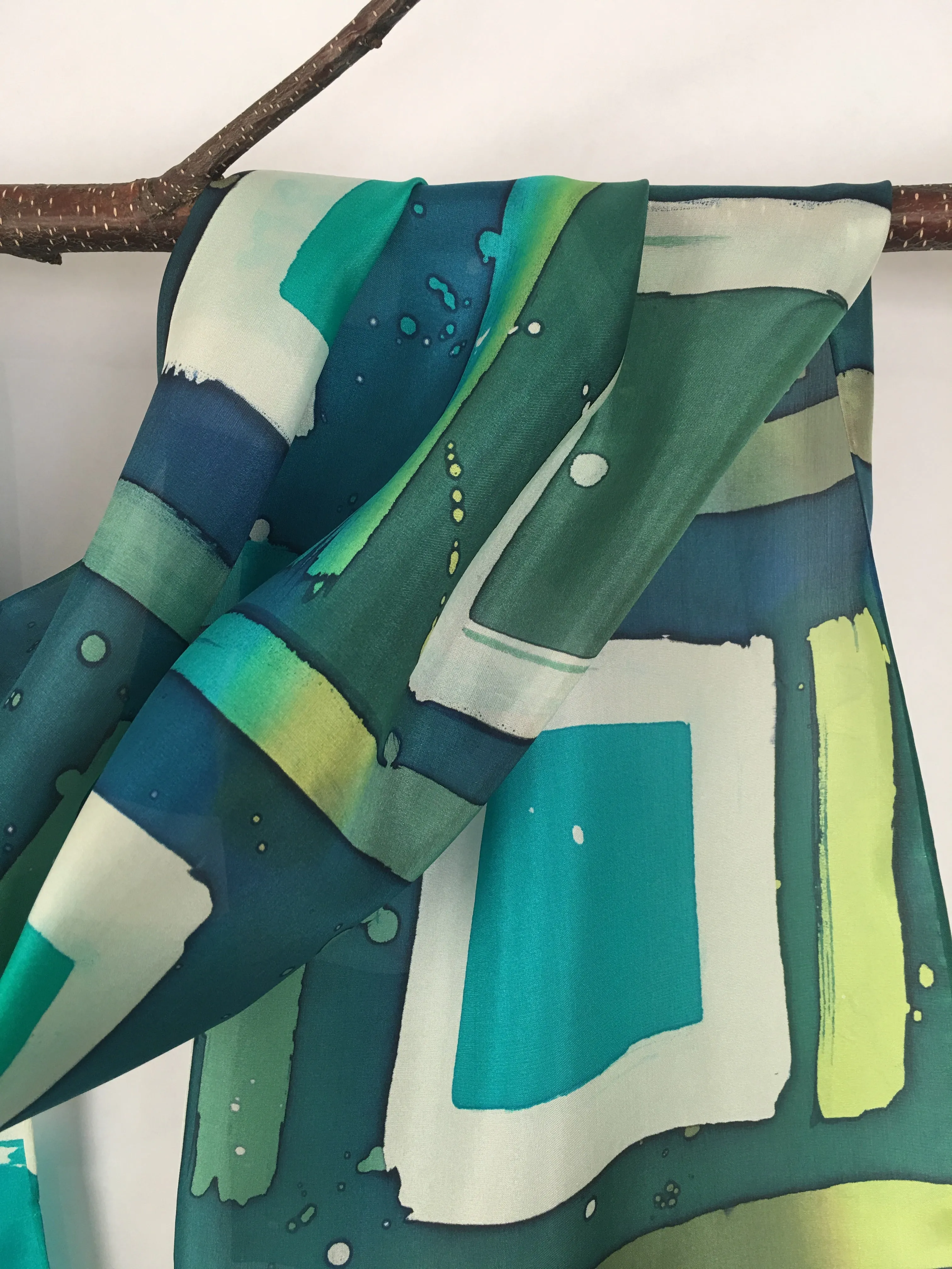 "Green Mod Squares" - Hand-dyed Silk Scarf - $125