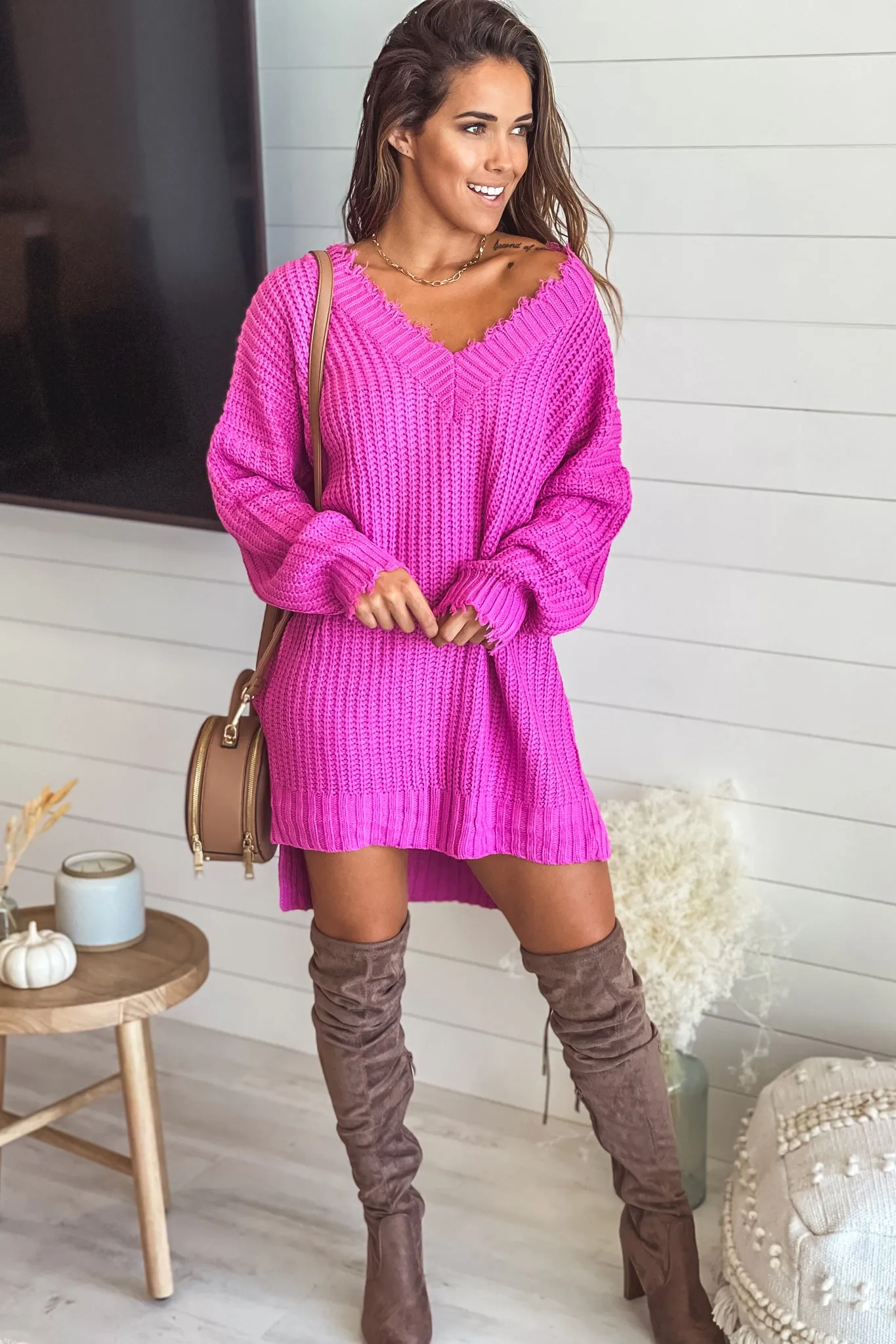 Raspberry Rose Frayed V-Neck Sweater Dress