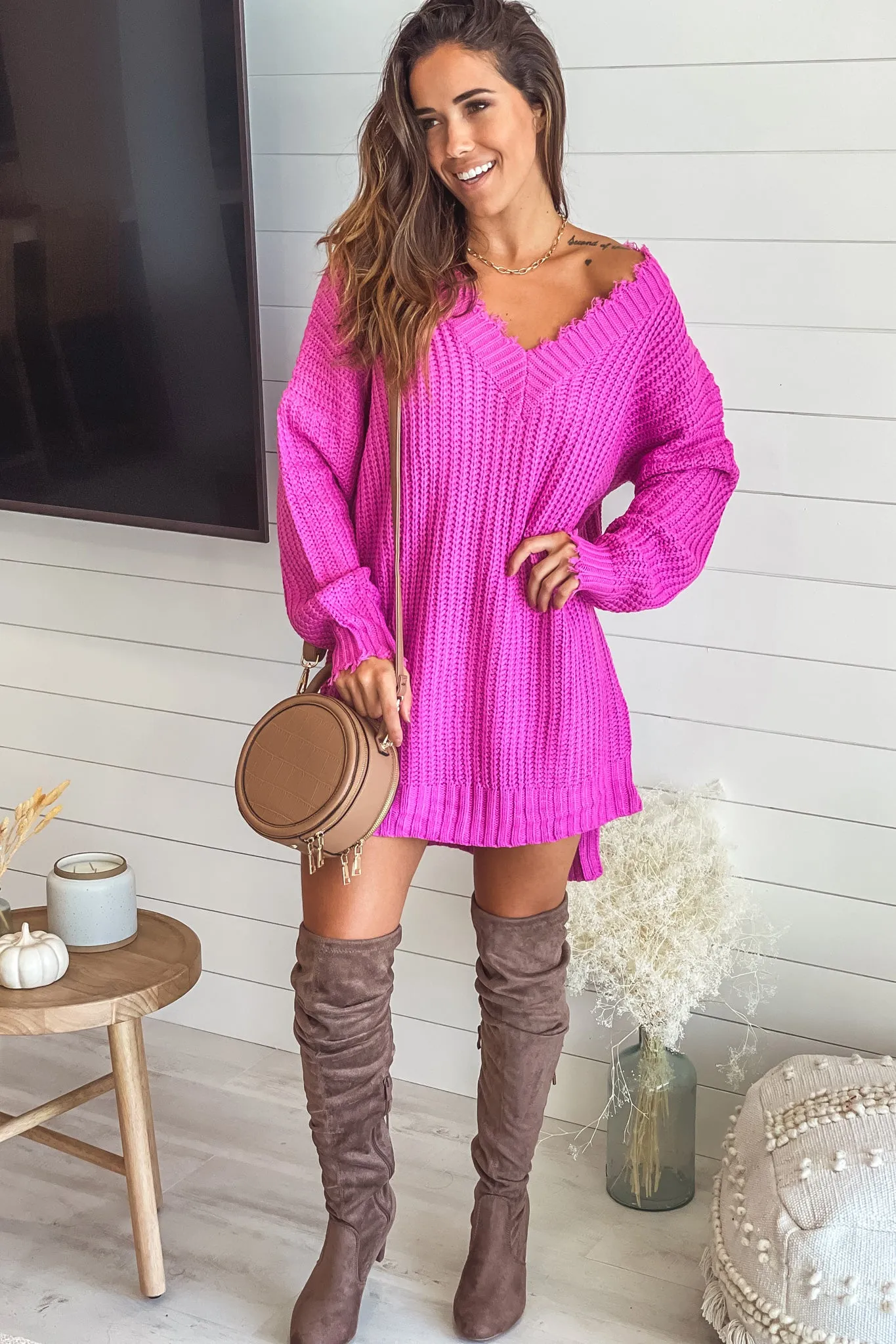 Raspberry Rose Frayed V-Neck Sweater Dress