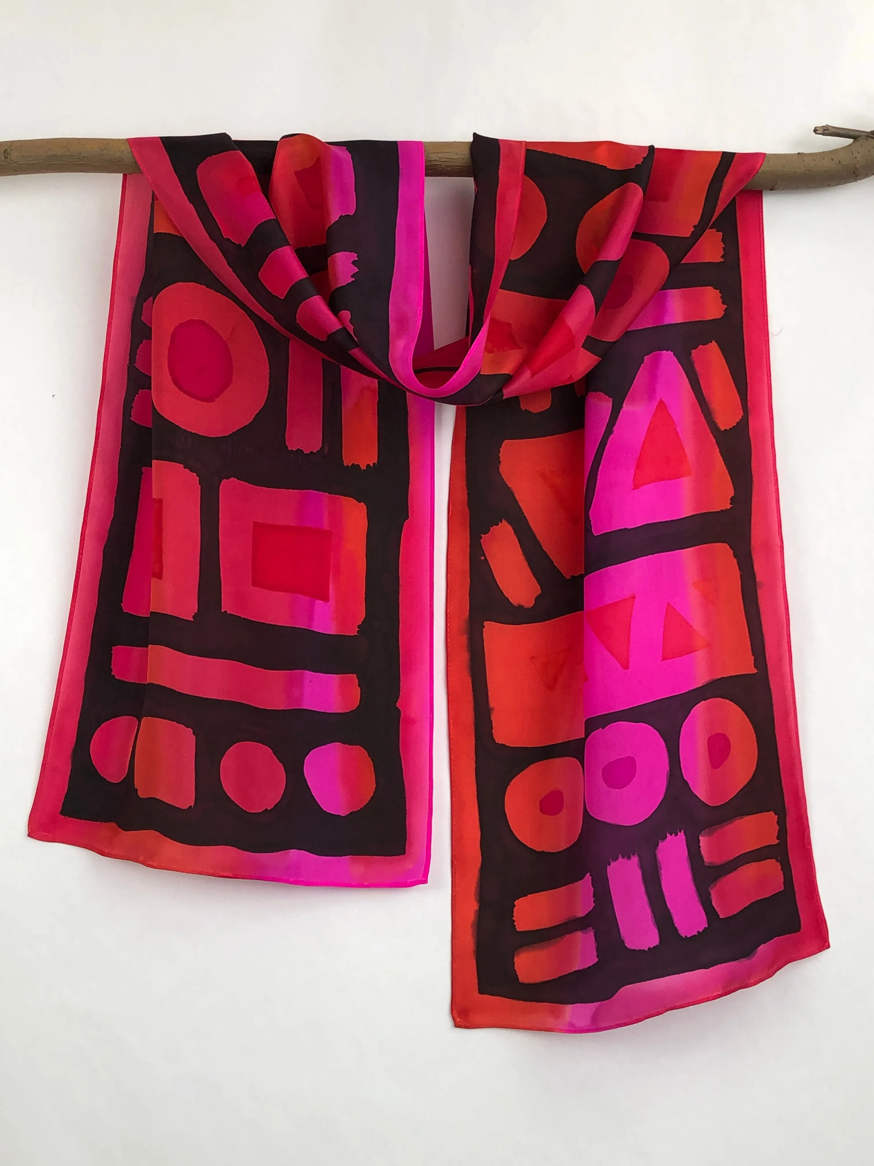 “Red Glyphs v2” - Hand-dyed Silk Scarf - $125