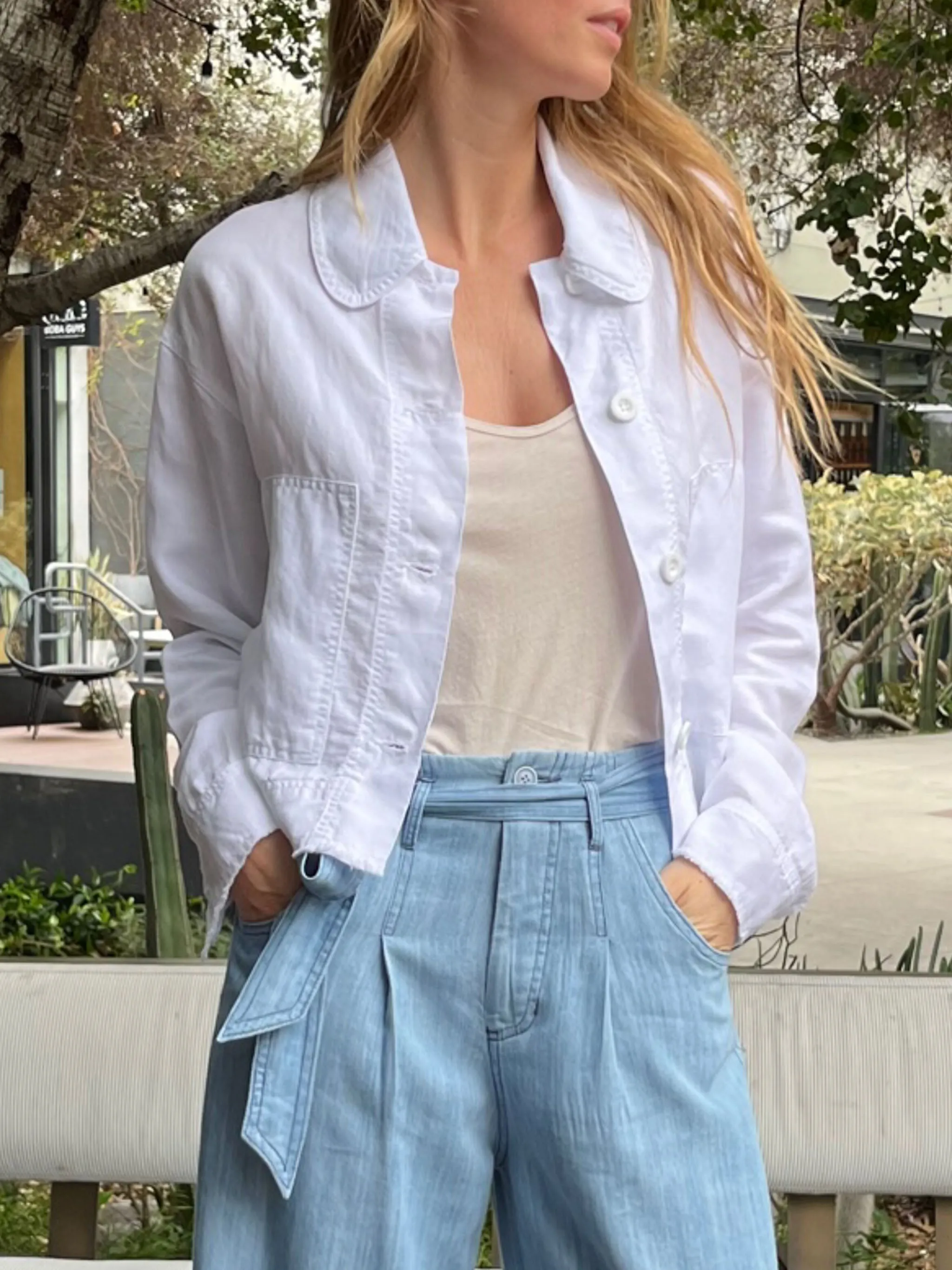 Rowan Crop Jacket in Linen - White