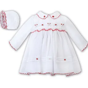 SARAH LOUISE -  Smocked Dress With Bonnet - White / Red