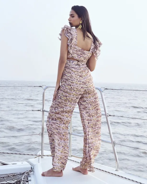 Sequin Printed Crop Top & High-Waist Flare Pants Set