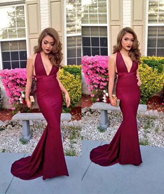 Sexy V-Neck Backless Burgundy Prom Dresses, Burgundy Evening Dresses, Burgundy Mermaid Prom Gown