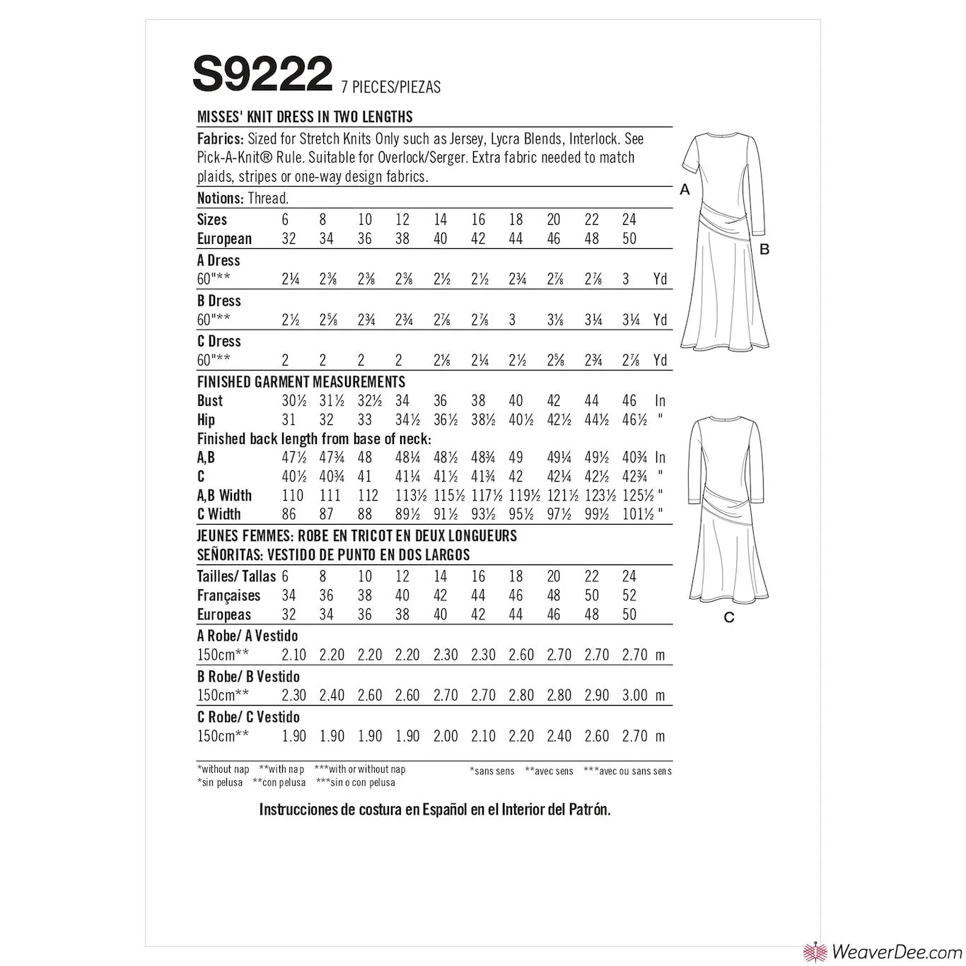 Simplicity Pattern S9222 Misses' Knit Dress In 2 Lengths