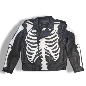 Skeleton Bones White on Black Classic Style Leather Jacket