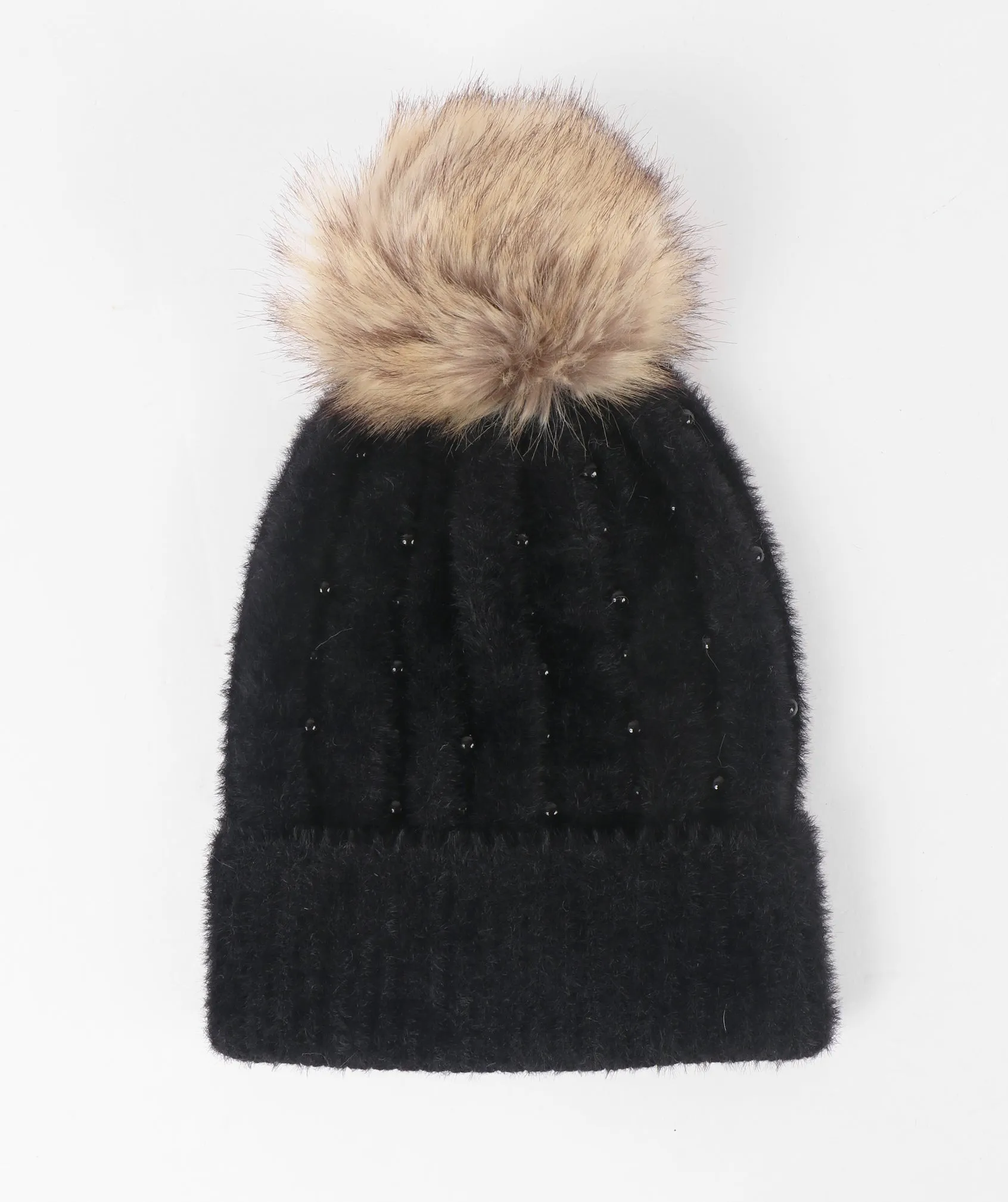 Soft Embellished Pom Pom Hat - Black