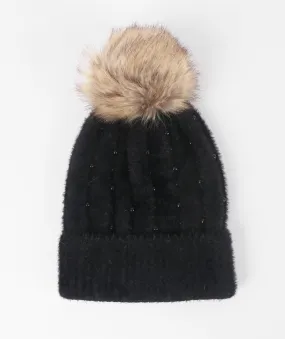 Soft Embellished Pom Pom Hat - Black