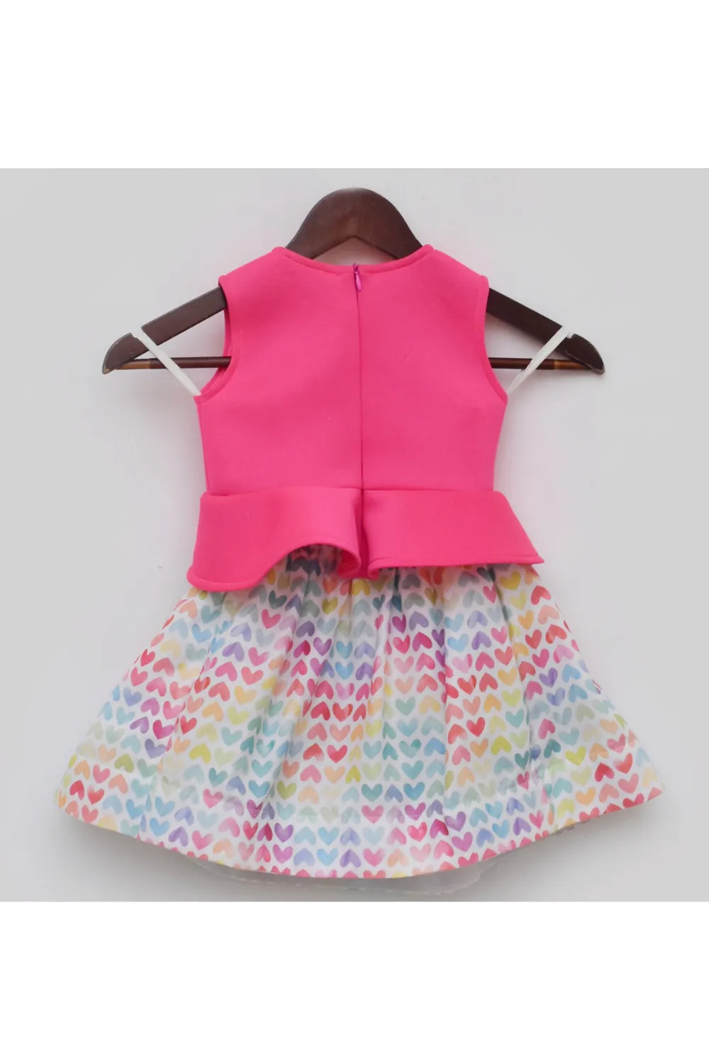 Solid Pink Sleeveless Lycra Top With Heart Printed Skirt Set