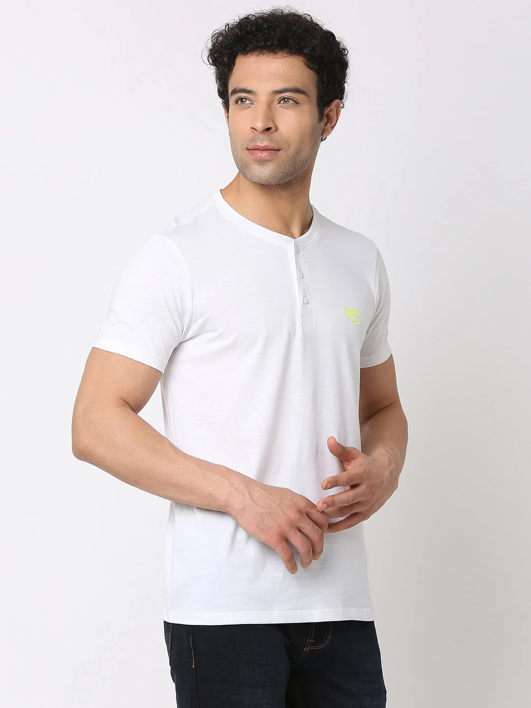 Spykar Men White Cotton Slim Fit Henley Neck Plain T-Shirt