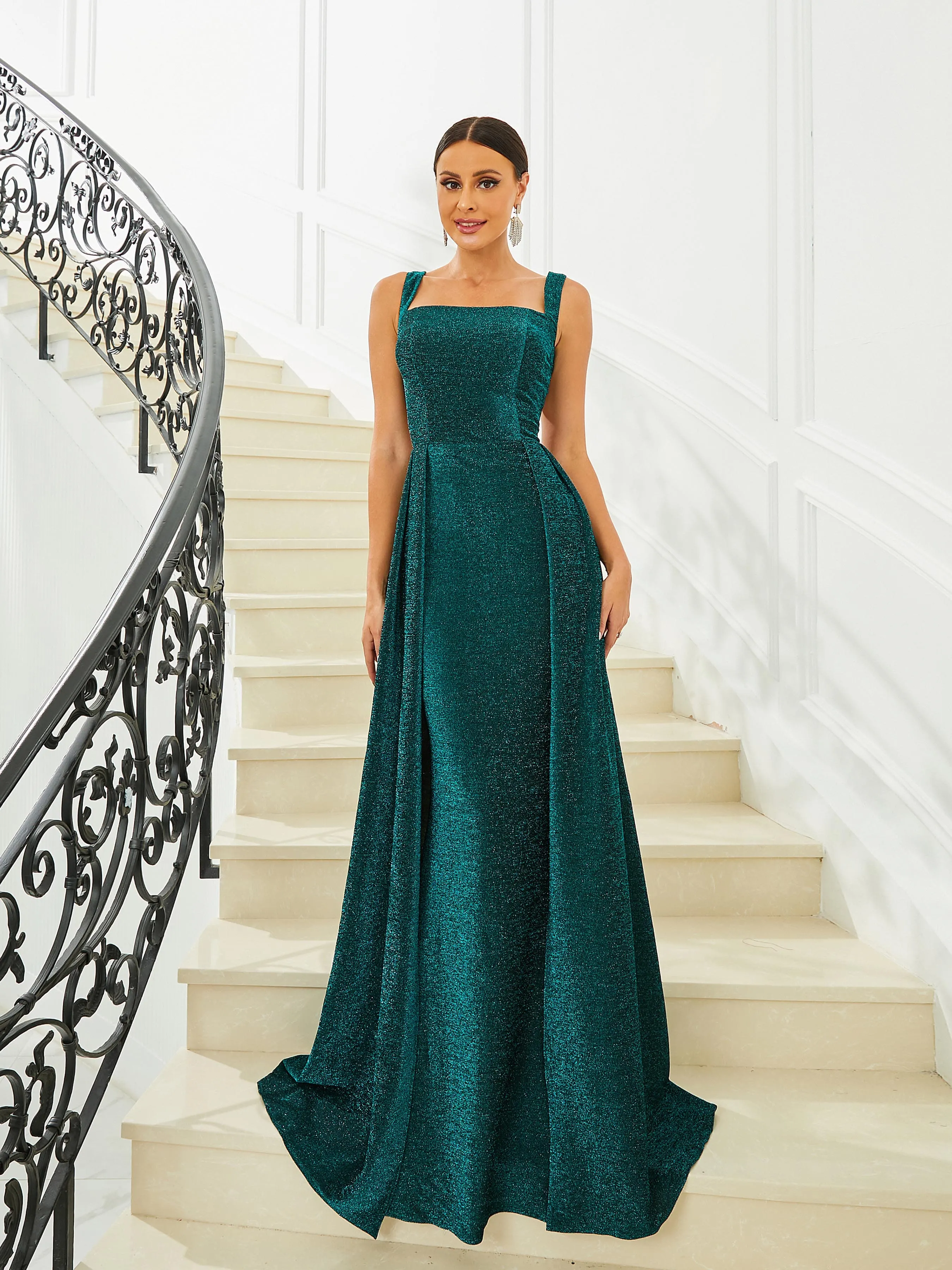 Square Neck Cape Green Knit Prom Dress RJ10488