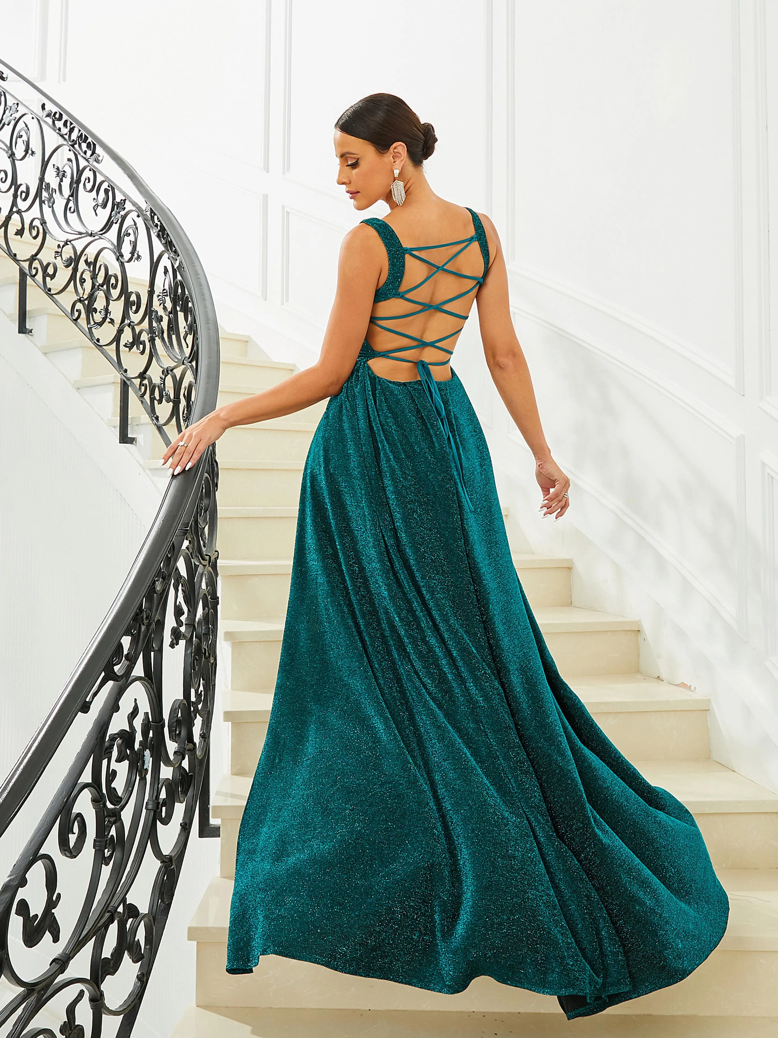 Square Neck Cape Green Knit Prom Dress RJ10488