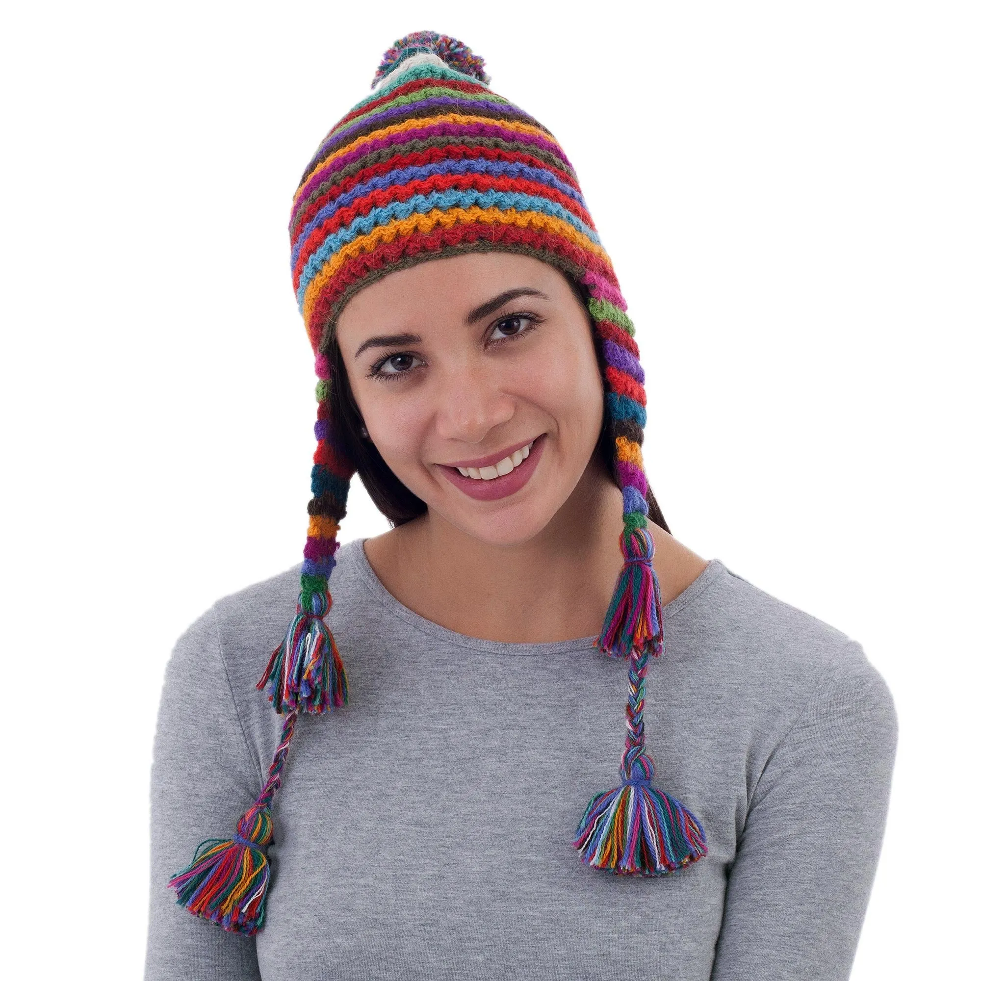 Striped Multicolored Alpaca Chullo Hat with Pompom from Peru - Tactile Rainbow | NOVICA