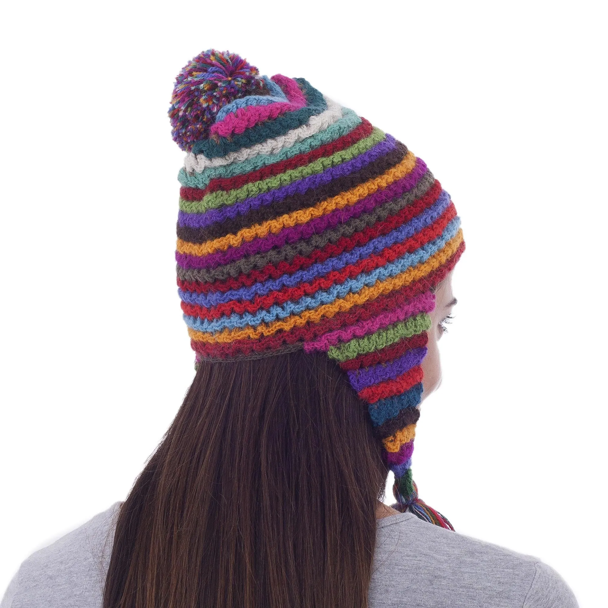 Striped Multicolored Alpaca Chullo Hat with Pompom from Peru - Tactile Rainbow | NOVICA