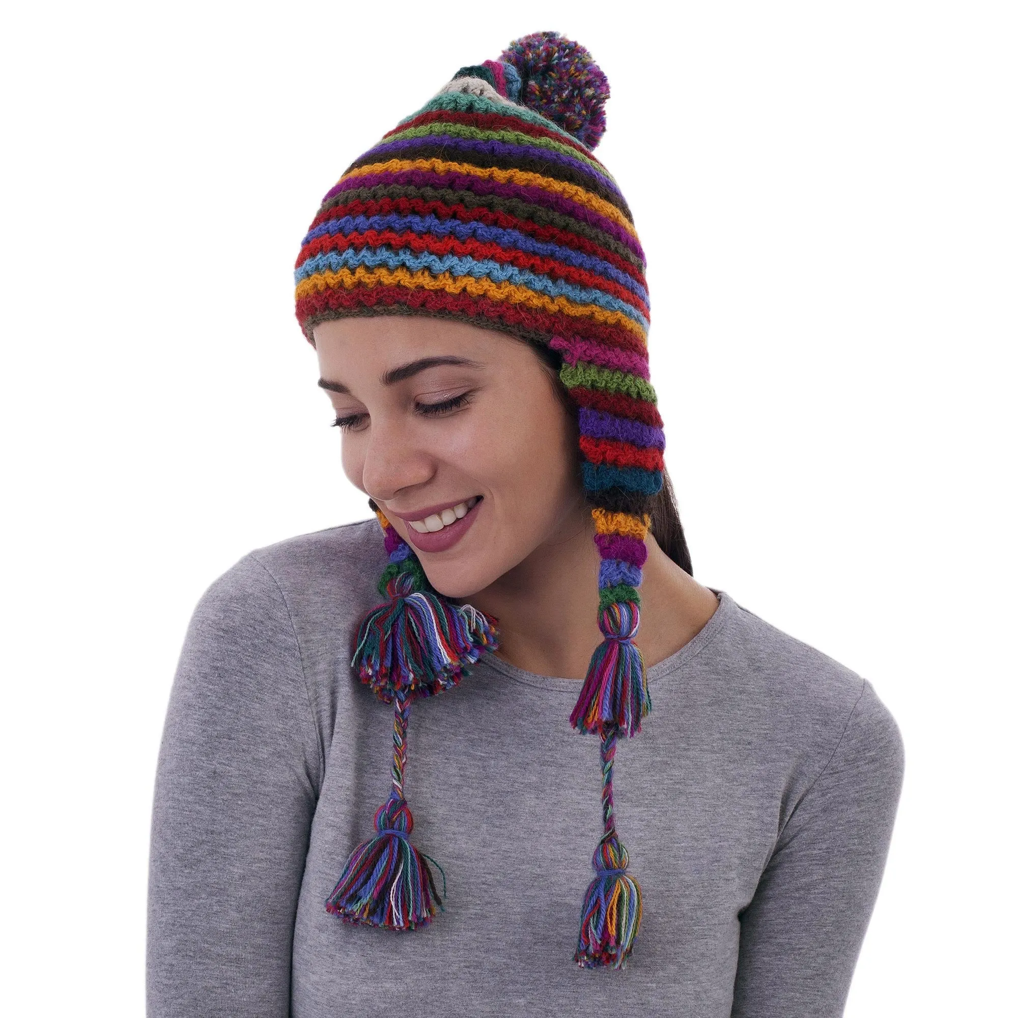 Striped Multicolored Alpaca Chullo Hat with Pompom from Peru - Tactile Rainbow | NOVICA