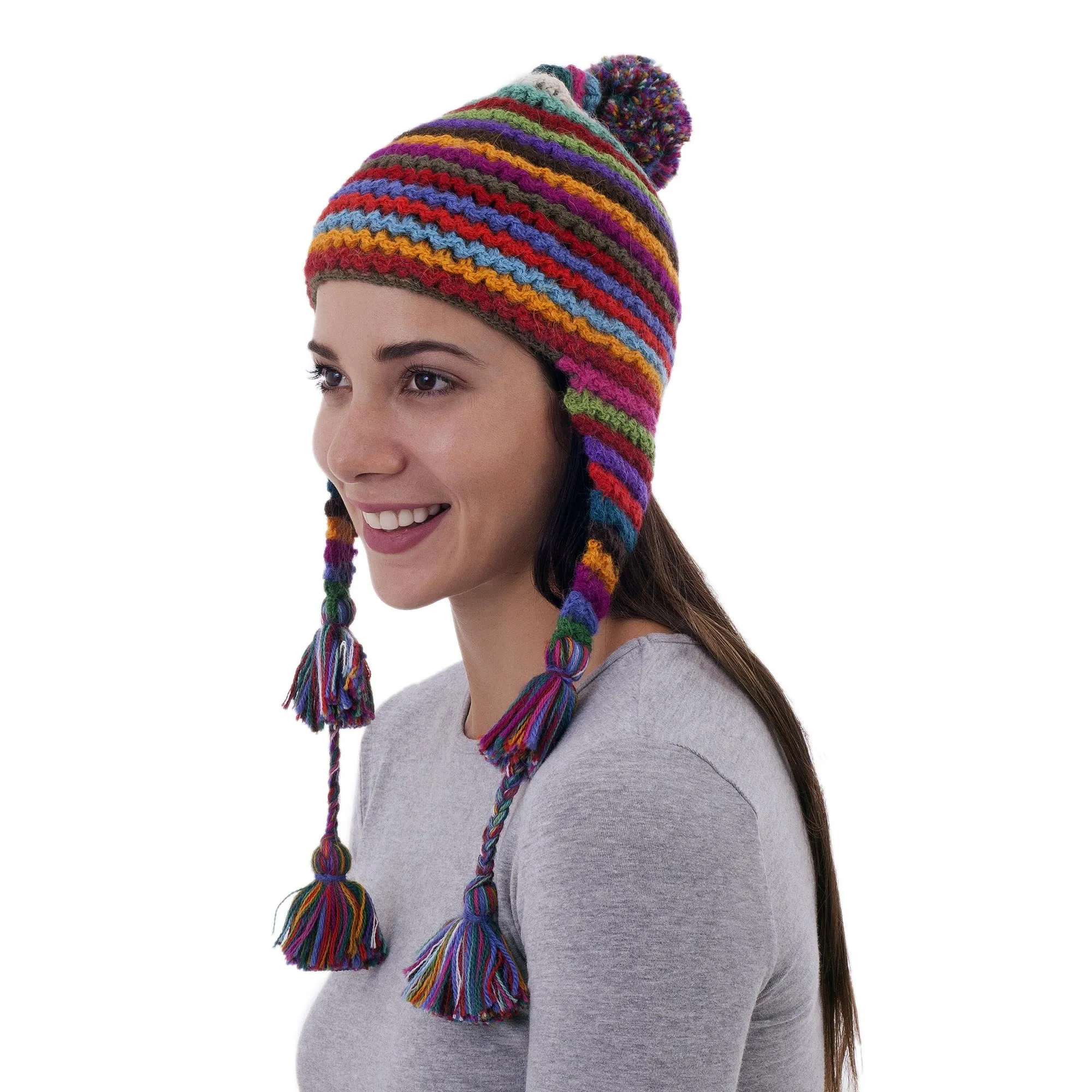 Striped Multicolored Alpaca Chullo Hat with Pompom from Peru - Tactile Rainbow | NOVICA