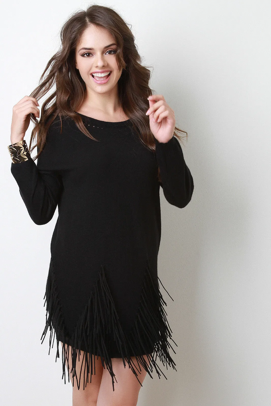 Suede Fringe Sweater Dress