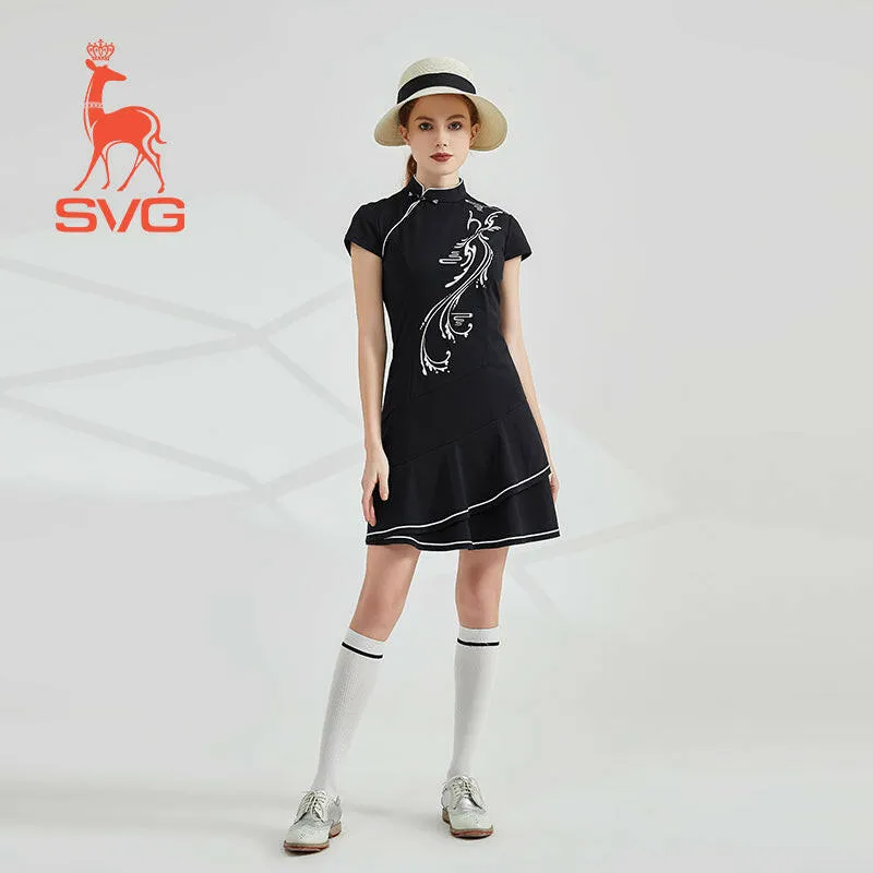 SVG Golf Women's Black Printed Cheongsam Ruffled Golf Dress