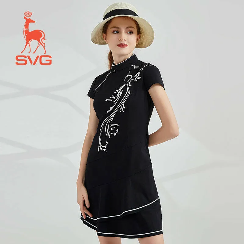 SVG Golf Women's Black Printed Cheongsam Ruffled Golf Dress