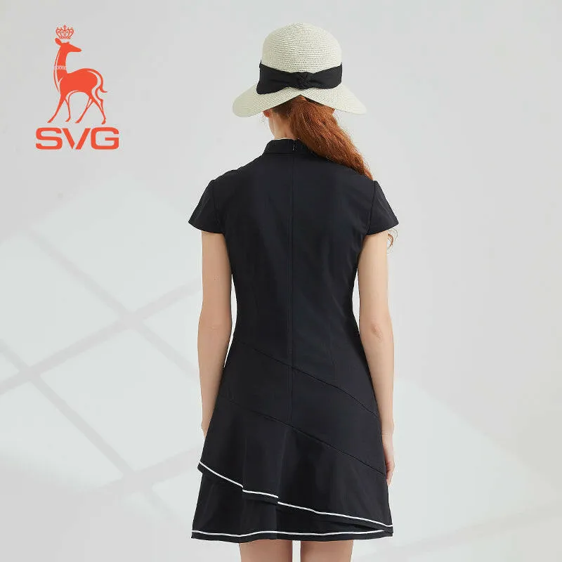 SVG Golf Women's Black Printed Cheongsam Ruffled Golf Dress