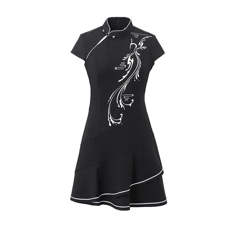 SVG Golf Women's Black Printed Cheongsam Ruffled Golf Dress