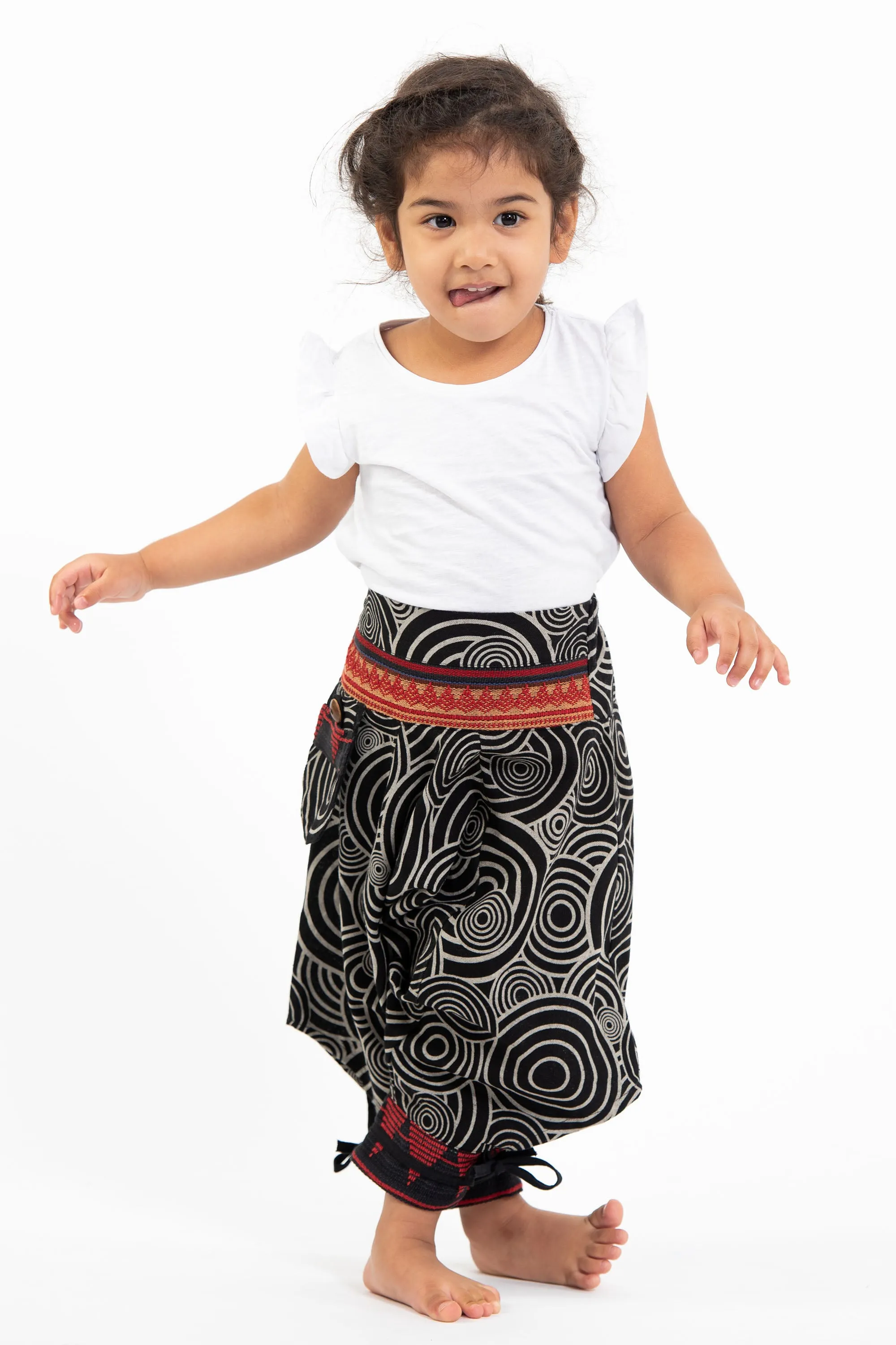 Swirls Prints Thai Hill Tribe Fabric Kids Harem Pants with Ankle Straps in Black