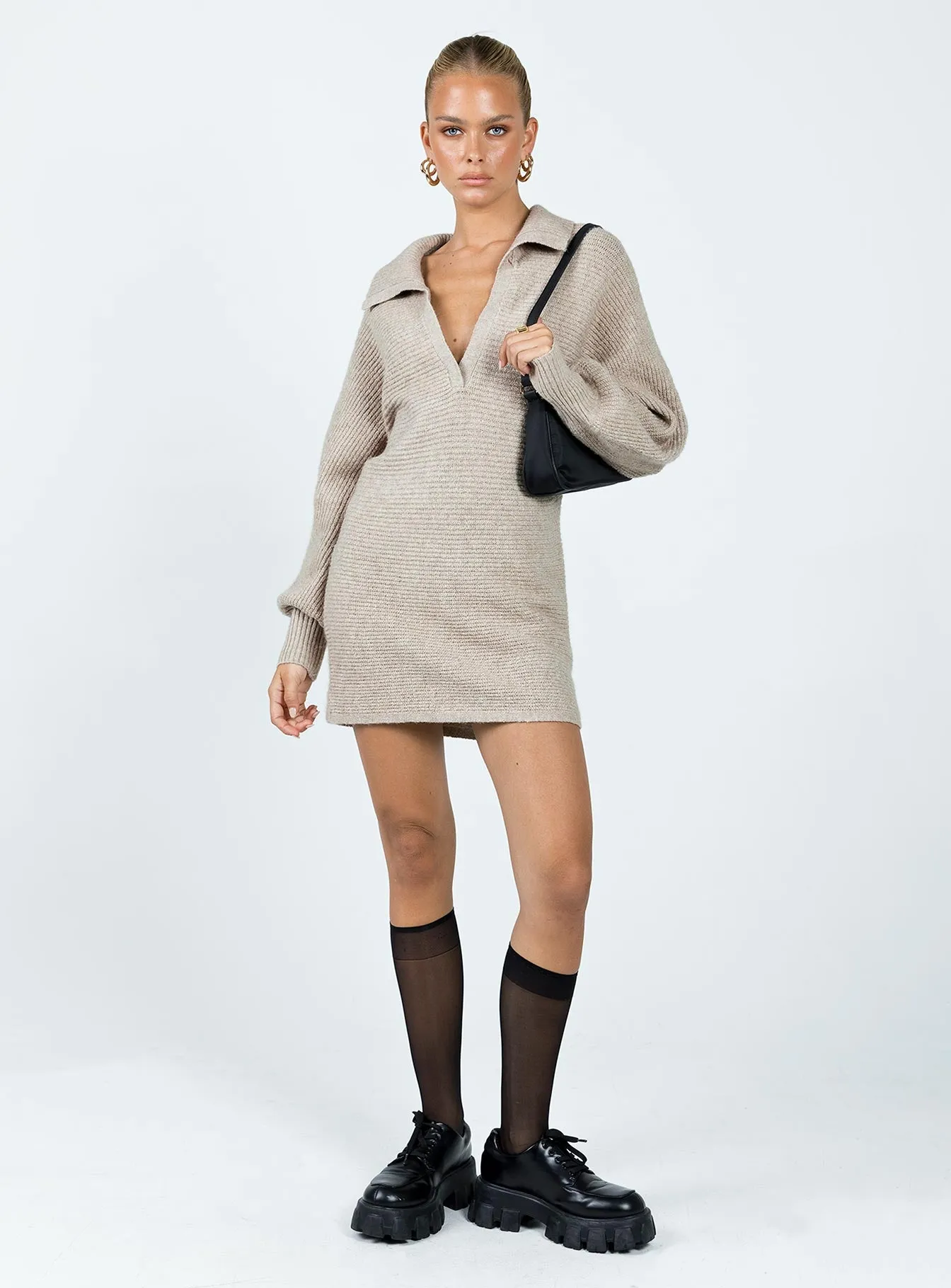 Tiara Long Sleeve Knit Mini Dress Beige