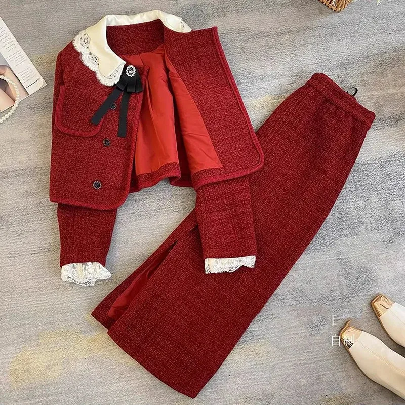 Toleet-Winter Outfits Christmas Black Friday Winter Autumn Two Piece Skirt Set Red Lace Double layered Collar Coat a Line Long Skirt Dress Set for Women